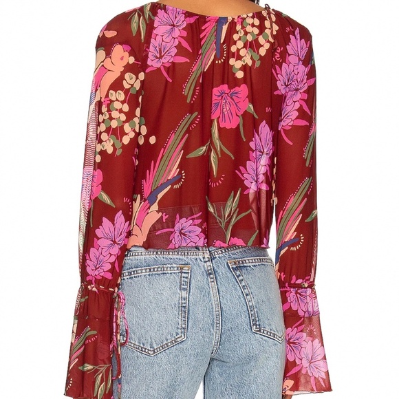 NWT Free People Sheer Floral Print Of Paradise bell sleeve tropical Top fairy - Picture 3 of 7